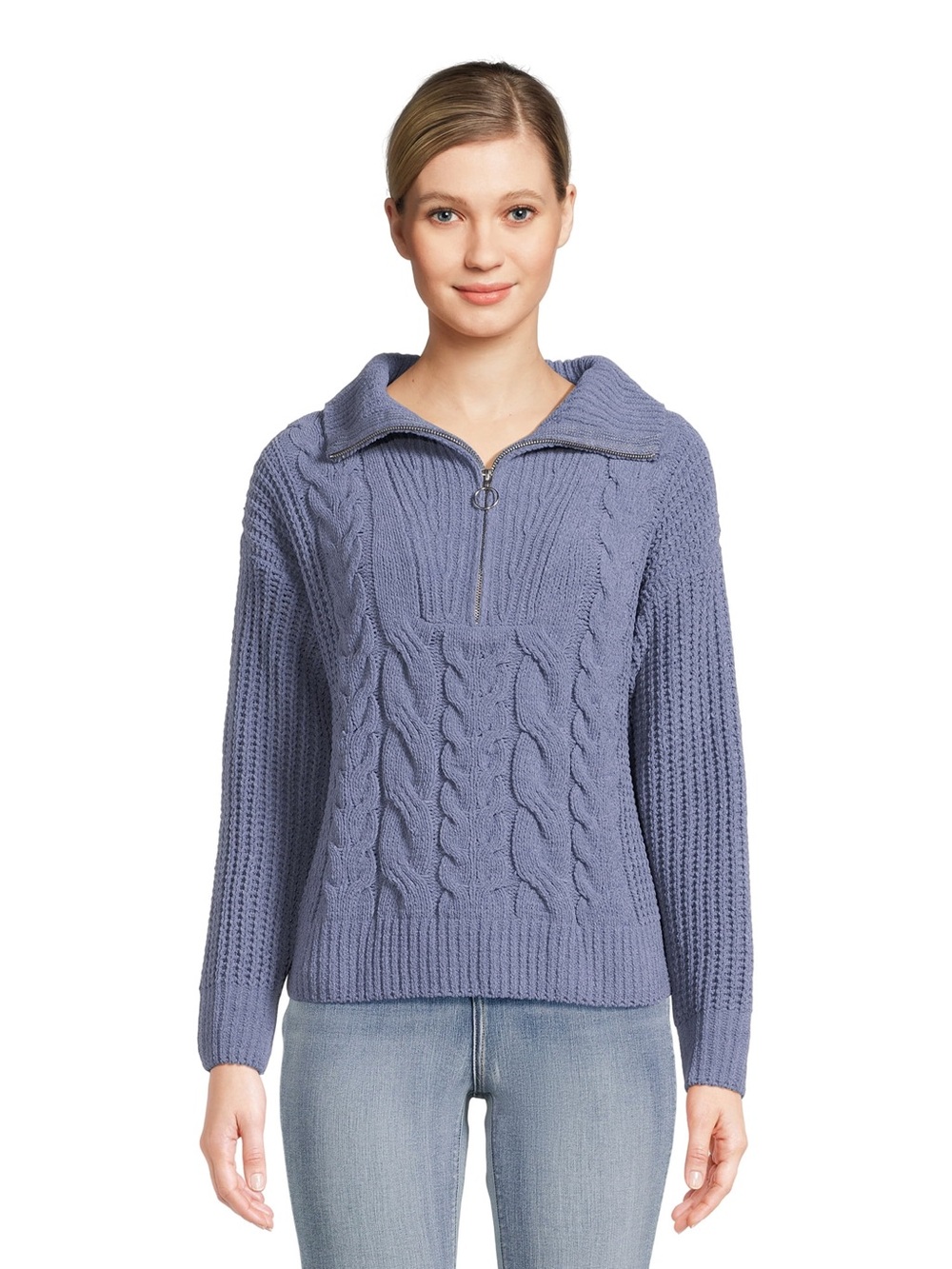 Pink Rose | Blue Cable Knit 1/4 Zip Sweater